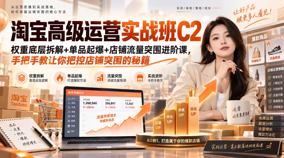 淘宝高级运营实战班C2｜权重底层拆解+单品起爆+店铺流量突围进阶课，手把手教让你把控店铺突围的秘籍 - 来及网络