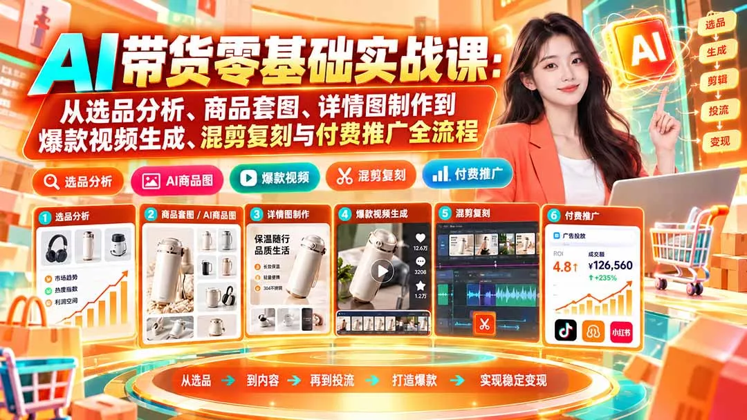 AI带货零基础实战课：从选品分析、商品套图、详情图制作到爆款视频生成、混剪复刻与付费推广全流程 - 来及网络