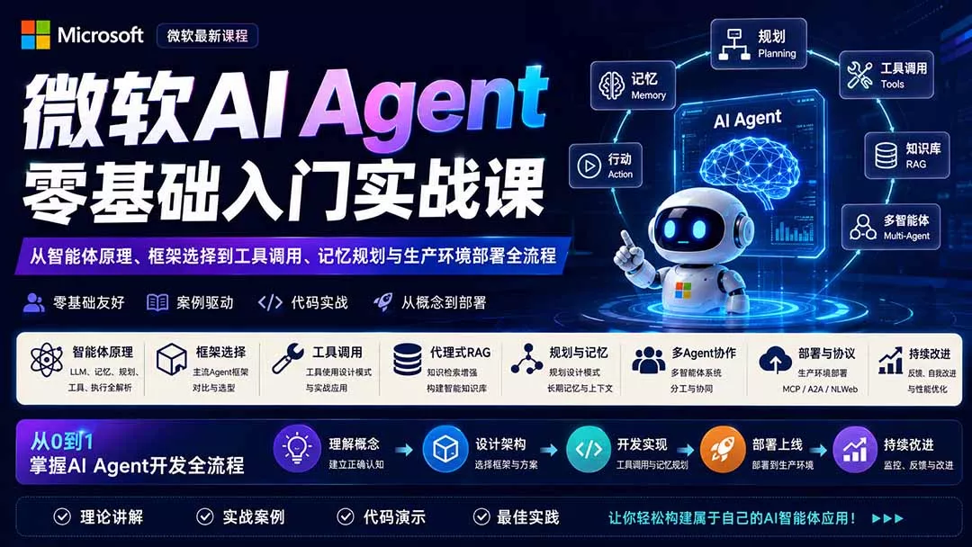 微软AI Agent零基础入门实战课：从智能体原理、框架选择到工具调用、记忆规划与生产环境部署全流程 - 来及网络