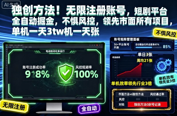 独创方法！无限注册账号，短剧平台全自动掘金，不惧风控，领先市面所有项目，单机一天3张【揭秘】 - 来及网络