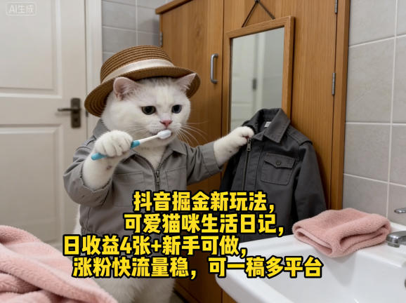 抖音掘金新玩法，可爱猫咪生活日记，日收益4张+新手可做，涨粉快流量稳，可一稿多平台 - 来及网络