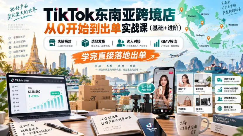 TikTok东南亚跨境店从0开始到出单实战课(基础+进阶)，店铺搭建、选品发货、达人对接、GMV投流，学完直接落地出单 - 来及网络