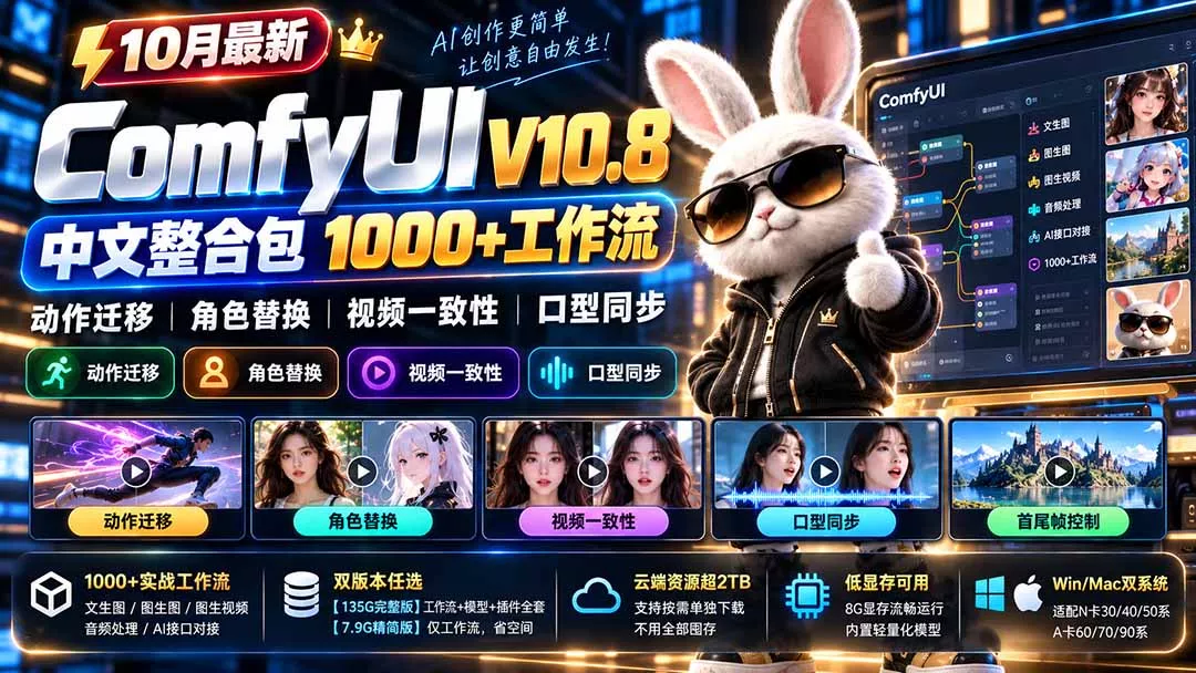 10月最新ComfyUI V10.8中文整合包 1000+工作流 动作迁移 角色替换 视频一致性 口型同步 低显存可用 - 来及网络