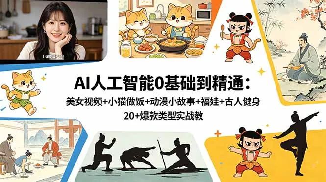 AI人工智能0基础到精通：美女视频+小猫做饭+动漫小故事+福娃+古人健身，20+爆款类型实战教学 - 来及网络