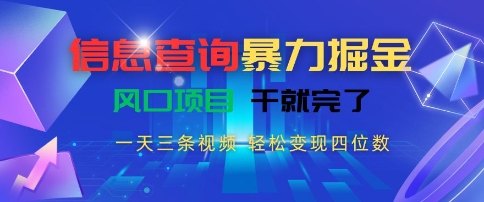 信息查询暴力掘金，一天三条视频，轻松变现四位数，风口项目干就完了【揭秘】 - 来及网络