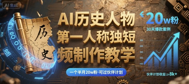 最新AI历史人物第一人称独白短视频制作教学，一个半月20w粉，可过伙伴计划 - 来及网络