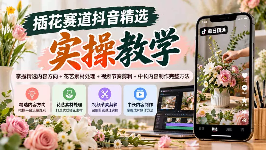 插花赛道抖音精选实操教学：掌握精选内容方向+花艺素材处理+视频节奏剪辑+中长内容制作完整方法 - 来及网络
