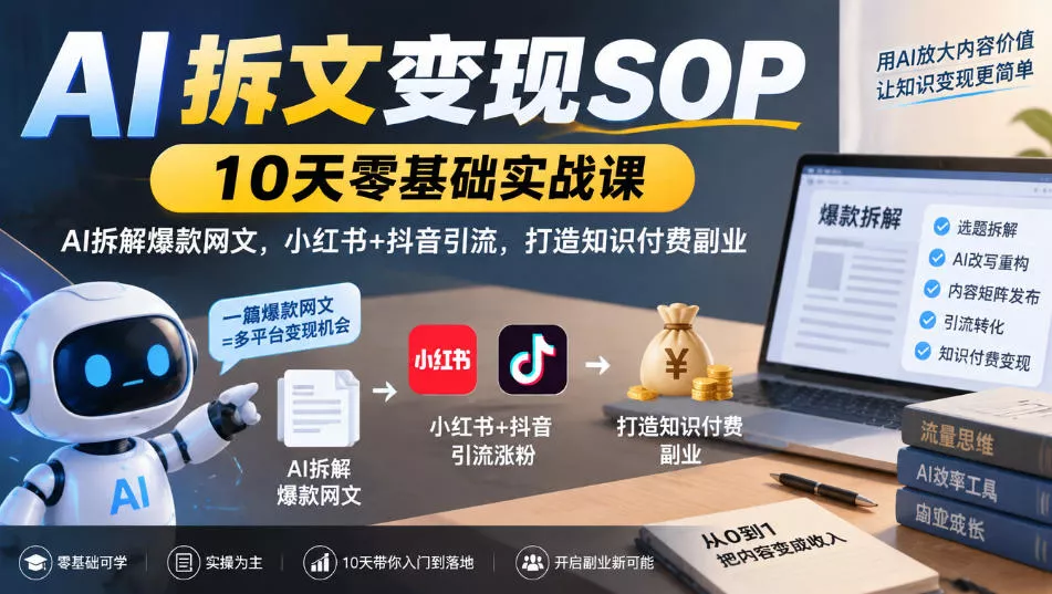 AI拆文变现SOP｜10天零基础实战课，AI拆解爆款网文，小红书+抖音引流，打造知识付费副业 - 来及网络