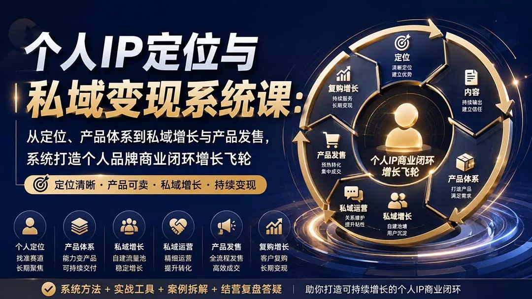 个人IP定位与私域变现系统课：从定位、产品体系到私域增长与产品发售，系统打造个人品牌商业闭环增长飞轮