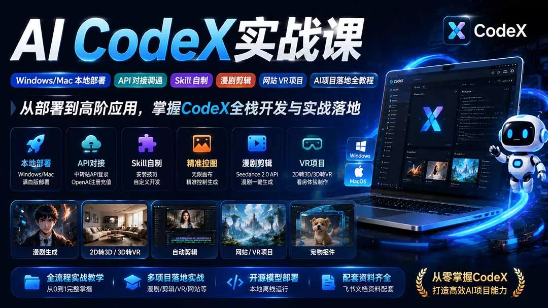 AI CodeX实战课｜Windows/Mac 本地部署｜API 对接调通｜Skill 自制｜漫剧剪辑｜网站 VR 项目｜AI项目落地全教程 - 来及网络