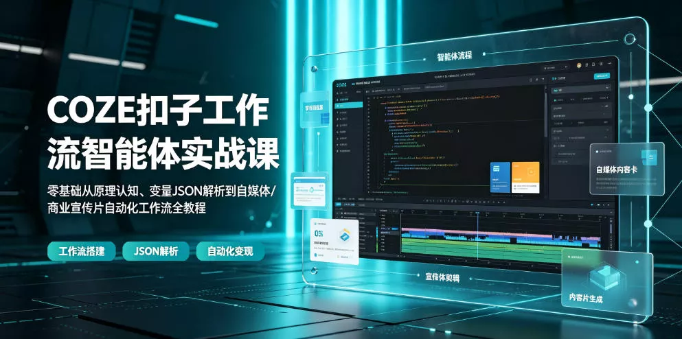 COZE扣子工作流智能体实战课｜零基础从原理认知、变量JSON解析到自媒体/商业宣传片自动化工作流全教程 - 来及网络