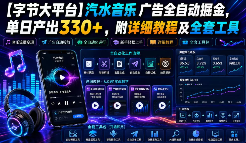 【字节大平台】汽水音乐广告全自动掘金，单日产出330+，附详细教程及全套工具【揭秘】 - 来及网络