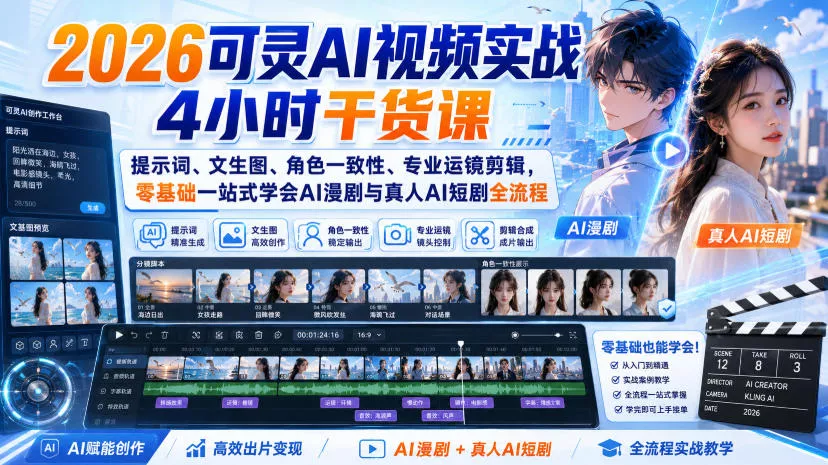 2026可灵AI视频实战4小时干货课｜提示词、文生图、角色一致性、专业运镜剪辑，零基础一站式学会AI漫剧与真人AI短剧全流程 - 来及网络