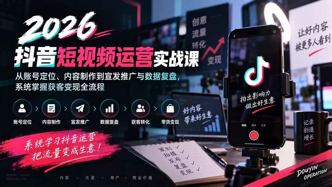 2026抖音短视频运营实战课：从账号定位、内容制作到宣发推广与数据复盘，系统掌握获客变现全流程 - 来及网络