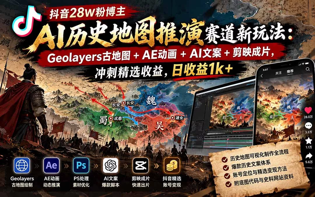 抖音28W粉博主AI历史地图推演赛道新玩法：Geolayers古地图+AE动画+AI文案+剪映成片，冲刺精选收益，日收益1k+ - 来及网络