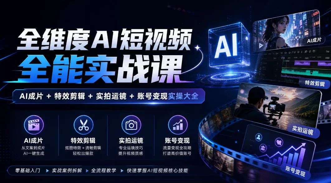 全维度AI短视频全能实战课，AI成片+特效剪辑+实拍运镜+账号变现实操大全 - 来及网络