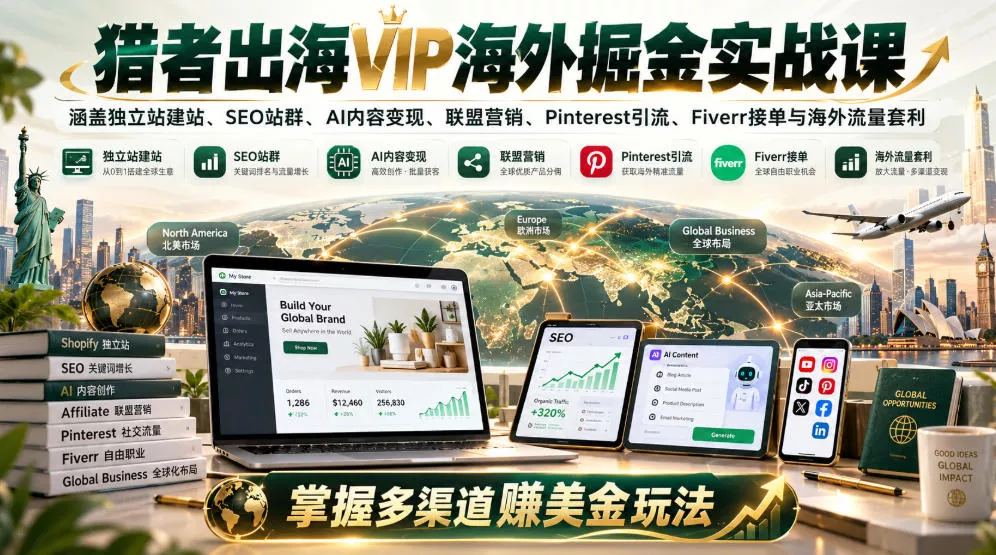 猎者出海VIP海外掘金实战课：涵盖独立站、SEO站群、AI变现、联盟营销、Pinterest引流、Fiverr接单与海外流量套利，掌握多渠道賺美金玩法 - 来及网络