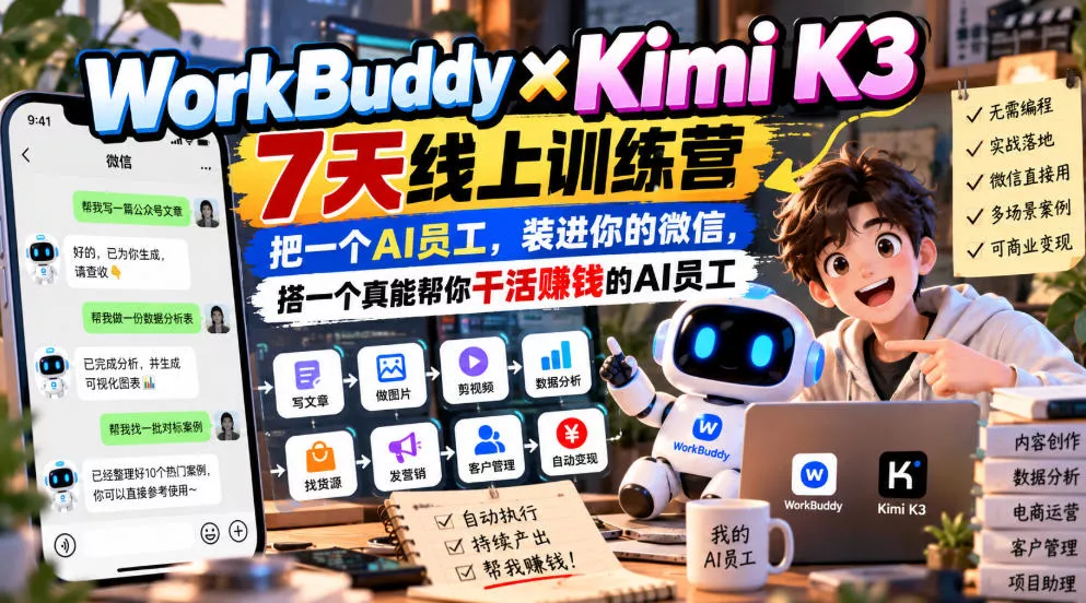 WorkBuddy×Kimi K3 7天线上训练营，把一个AI员工，装进你的微信，搭一个真能帮你干活賺钱的AI员工 - 来及网络