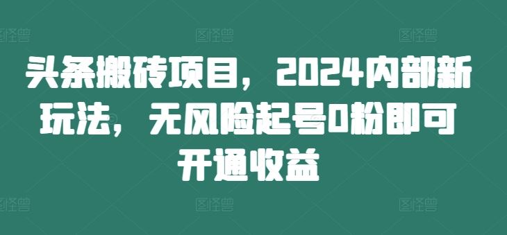 头条搬砖项目，2024内部新玩法，无风险起号0粉即可开通收益 - 来及网络