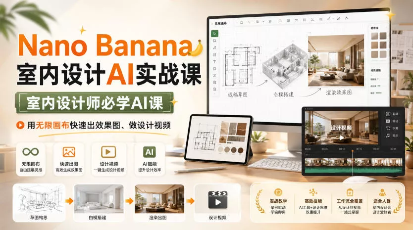 Nano Banana室内设计AI实战课，室内设计师必学AI课，用无限画布快速出效果图、做设计视频 - 来及网络