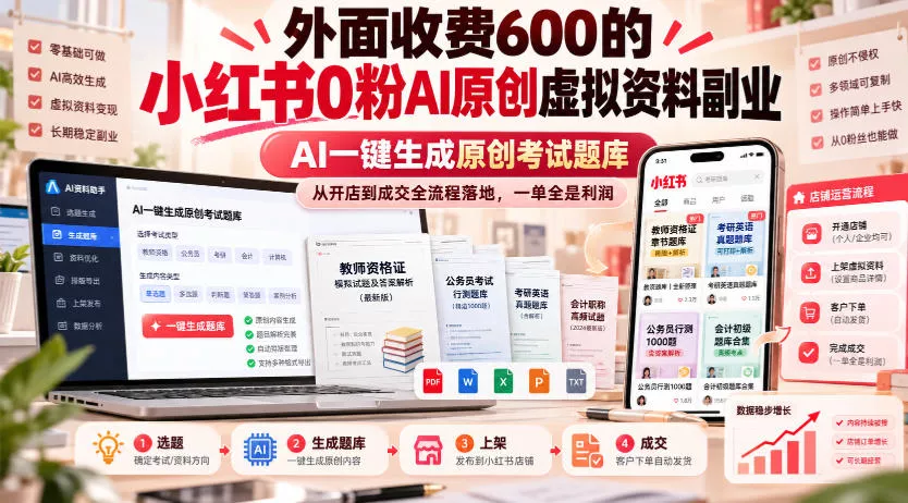 外面收费600的小红书0粉AI原创虚拟资料副业，AI一键生成原创考试题库，从开店到成交全流程落地，一单全是利润 - 来及网络