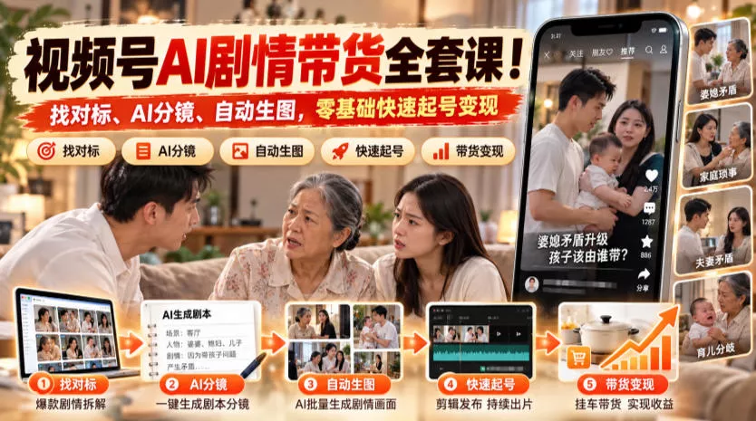 视频号AI剧情带货全套课！找对标、AI分镜、自动生图，零基础快速起号变现 - 来及网络