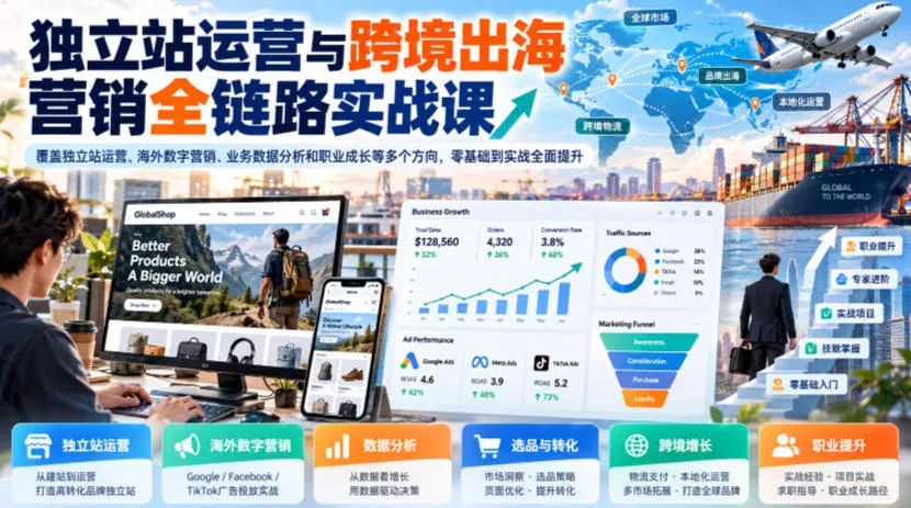 独立站运营与跨境出海营销全链路实战课，覆盖独立站运营、海外数字营销、业务数据分析和职业成长等多个方向，零基础到实战全面提升 - 来及网络
