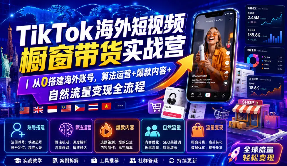 TikTok海外短视频橱窗带货实战营｜从0搭建海外账号，算法运营+爆款内容+自然流量变现全流程 - 来及网络