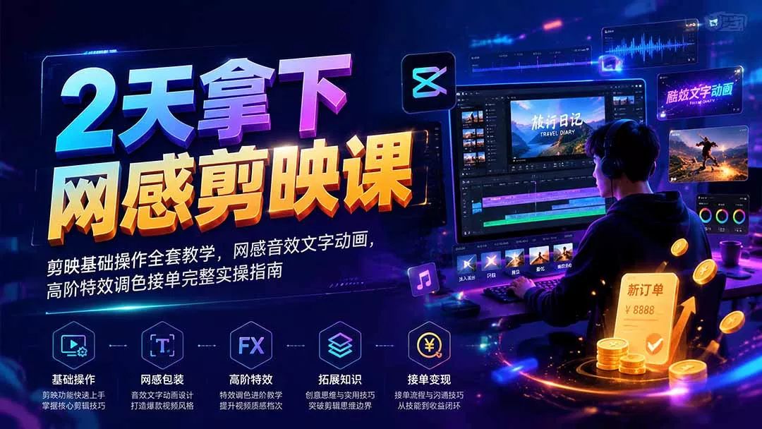 2天拿下网感剪辑课｜剪映基础操作全套教学，网感音效文字动画，高阶特效调色接单完整实操指南 - 来及网络