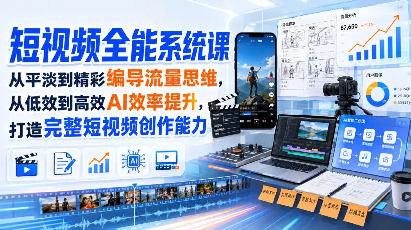短视频全能系统课，从平淡到精彩编导流量思维，从低效到高效AI效率提升，打造完整短视频创作能力(完整版) - 来及网络
