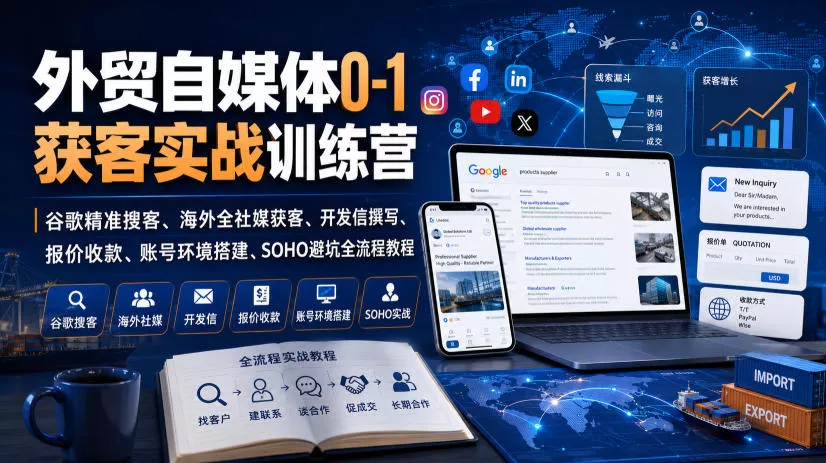 外贸自媒体0-1获客实战训练营｜谷歌精准搜客、海外全社媒获客、开发信撰写、报价收款、账号环境搭建、SOHO避坑全流程教程 - 来及网络
