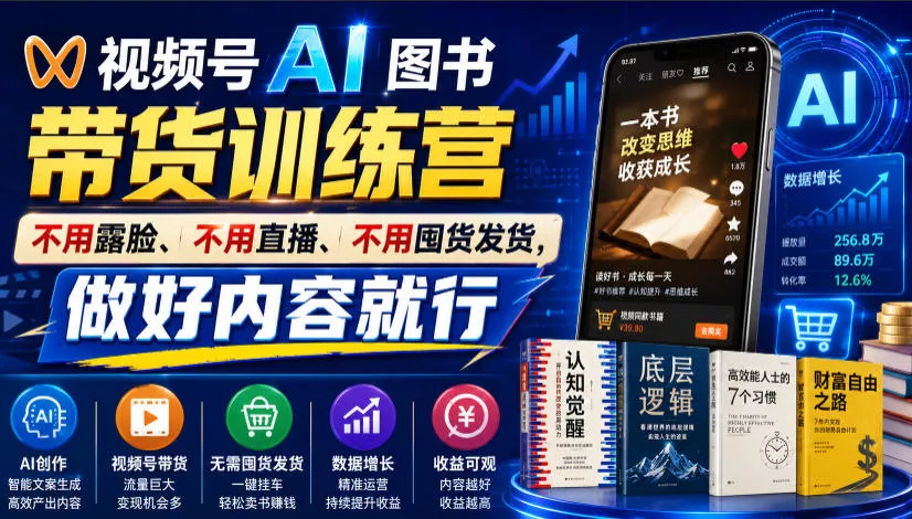 视频号AI图书带货训练营，不用露脸、不用直播、不用囤货发货，做好内容就行，一条爆款视频佣金8942 - 来及网络