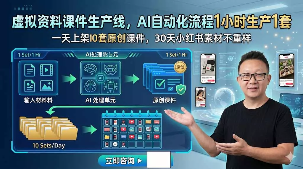 虚拟资料课件生产线，AI自动化流程1小时生产1套，一天上架10套原创课件，30天小红书素材不重样 - 来及网络