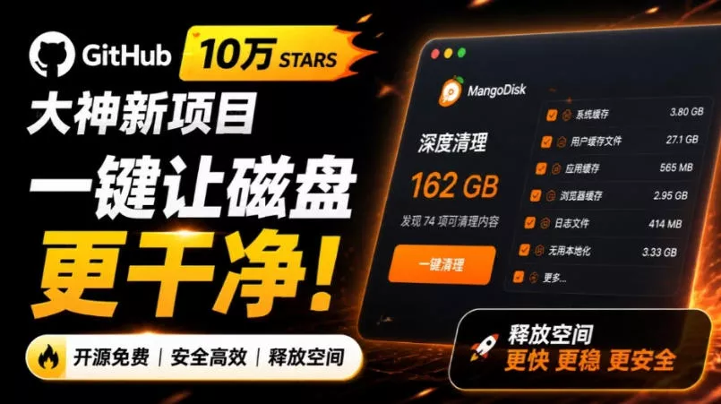在Gtihub上做出10万stars的大神，又发布新项目了！一键让磁盘更干净，开源免费清理工具MangoDisk - 来及网络