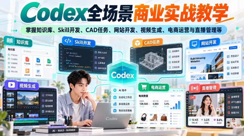 【无水印】Codex全场景商业实战教学，掌握知识库、Skill开发、CAD任务、网站开发、视频生成、电商运营与直播管理等 - 来及网络