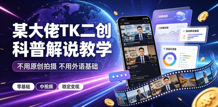 某大佬TK二创科普解说教学，不用原创拍摄不用外语基础，零基础做TikTok中视频稳定变现 - 来及网络