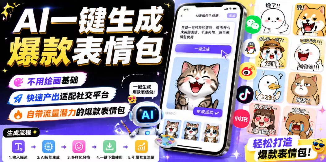 AI一键生成爆款表情包，不用绘画基础，快速产出适配社交平台，自带流量潜力的爆款表情包 - 来及网络