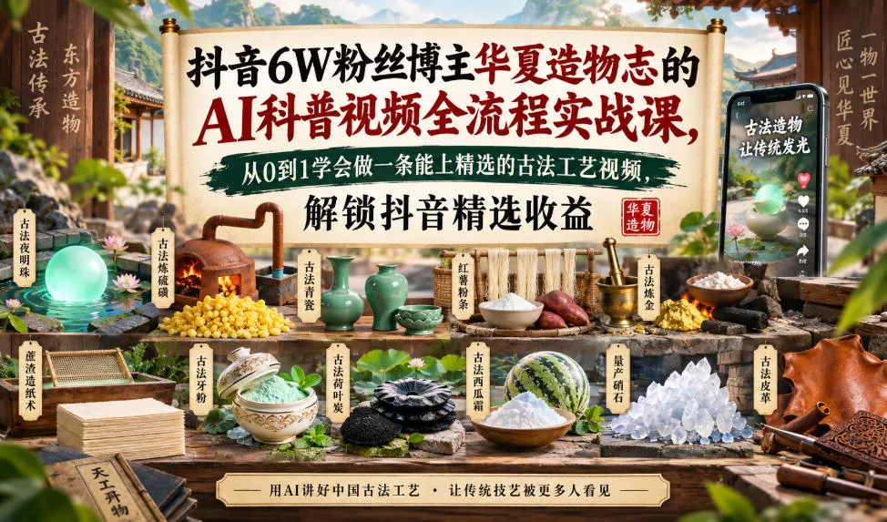 抖音6W粉丝博主华夏造物志的AI科普视频全流程实战课，从0到1学会做一条能上精选的古法工艺视频，解锁抖音精选收益 - 来及网络