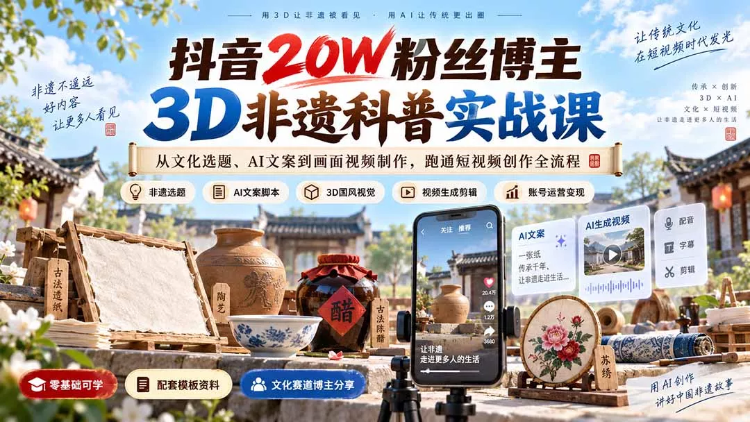 抖音20W粉丝博主3D非遗科普实战课：从文化选题、AI文案到画面视频制作，跑通短视频创作全流程 - 来及网络