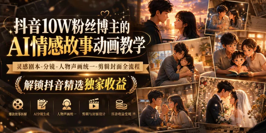 抖音10W粉丝博主的AI情感故事动画教学，灵感剧本‑分镜‑人物声画统一‑剪辑封面全流程，解锁抖音精选独家收益 - 来及网络