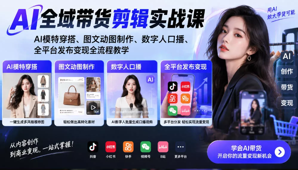 AI全域带货剪辑实战课｜AI模特穿搭、图文动图制作、数字人口播、全平台发布变现全流程教学 - 来及网络