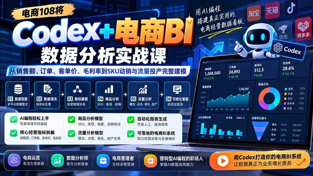 Codex+电商BI数据分析实战课-更新：从销售额、订单、客单价、毛利率到SKU动销与流量投产完整建模 - 来及网络