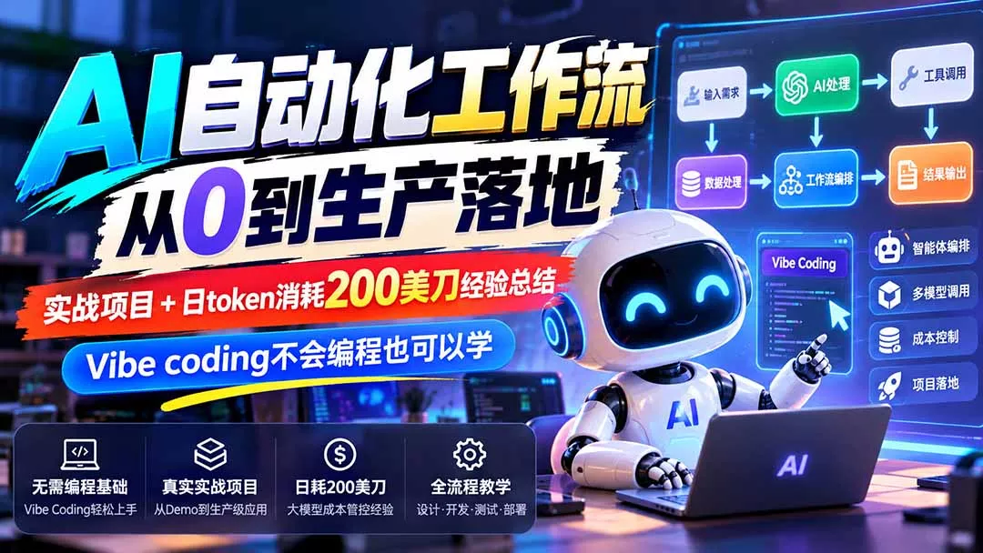 【无水印】AI自动化工作流从0到生产落地，实战项目+日token消耗200美刀经验总结，Vibe coding不会编程也可以学 - 来及网络