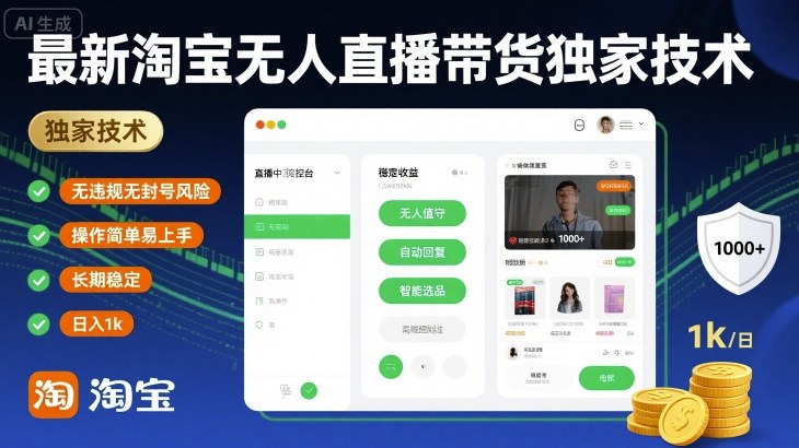 最新淘宝无人直播带货独家技术，无违规无封号风险，操作简单易上手，长期稳定日入1k【揭秘】 - 来及网络