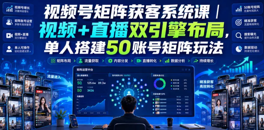视频号矩阵获客系统课｜视频+直播双引擎布局，单人搭建50账号矩阵玩法，流量入池、搜索占位、全域引流沉淀私域全流程教学 - 来及网络