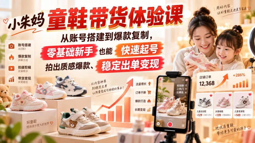 小朱妈童鞋带货体验课，从账号搭建到爆款复制，零基础新手也能快速起号、拍出质感爆款、稳定出单变现 - 来及网络