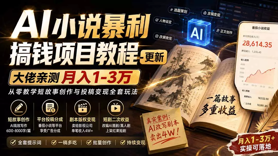 AI小说短故事暴利搞钱项目教程-更新，大佬亲测月入1-3万，从零教学短故事创作与投稿变现全套玩法 - 来及网络
