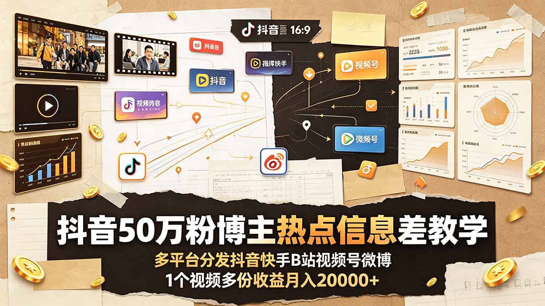 抖音50万粉博主热点信息差教学：多平台分发抖音快手B站视频号微博，1个视频多份收益月入20000+ - 来及网络