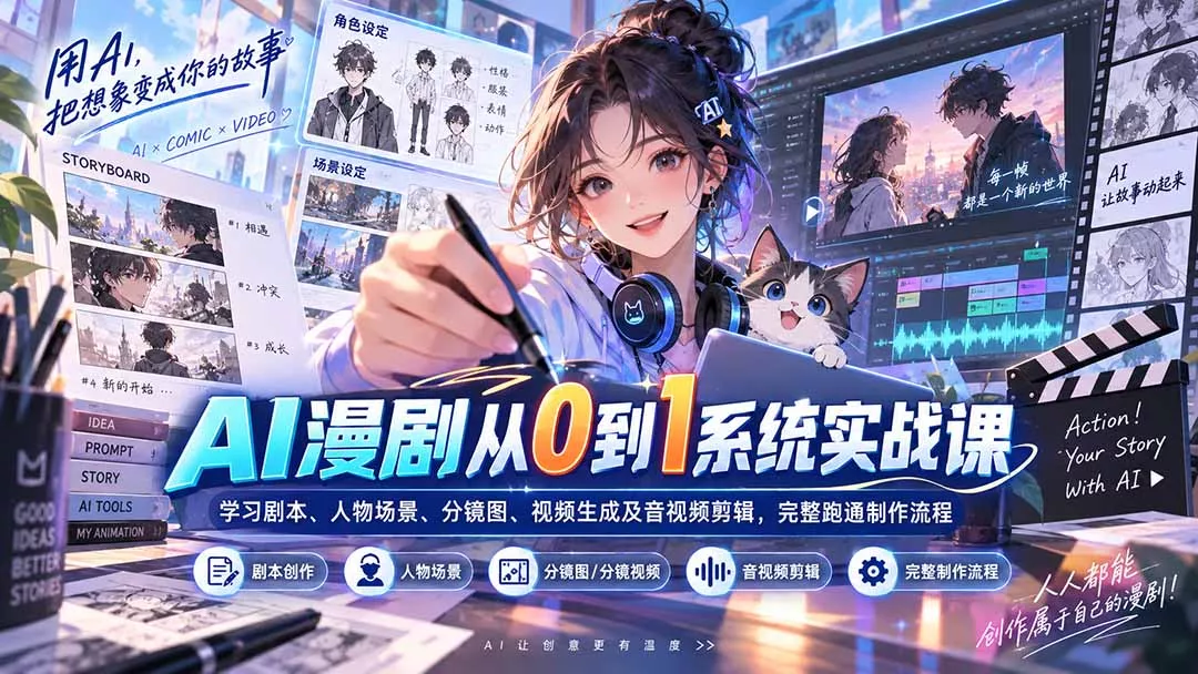 AI漫剧从0到1系统实战课：学习剧本、人物场景、分镜图、视频生成及音视频剪辑，完整跑通制作流程 - 来及网络