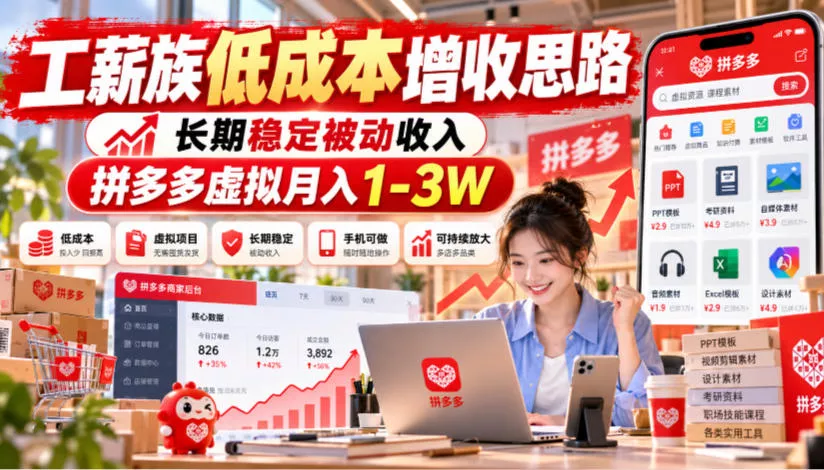 工薪族低成本增收思路，长期稳定被动收入，拼多多虚拟月入1-3W - 来及网络
